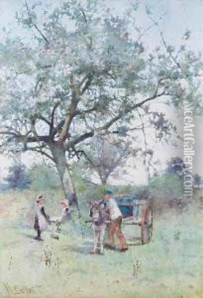 Children And Donkey Cart Before A Blossom Tree Oil Painting - Hector Caffieri
