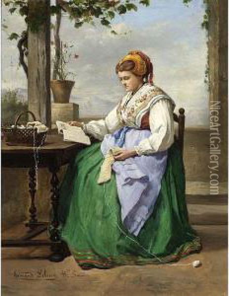 A Seamstress Reading On A Verandah In A Mountainous Landscape Oil Painting - Armand Hubert Simon Leleux