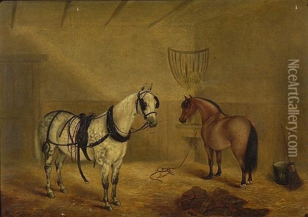 Horses In A Stable Interior Oil Painting - Frederick Clarke