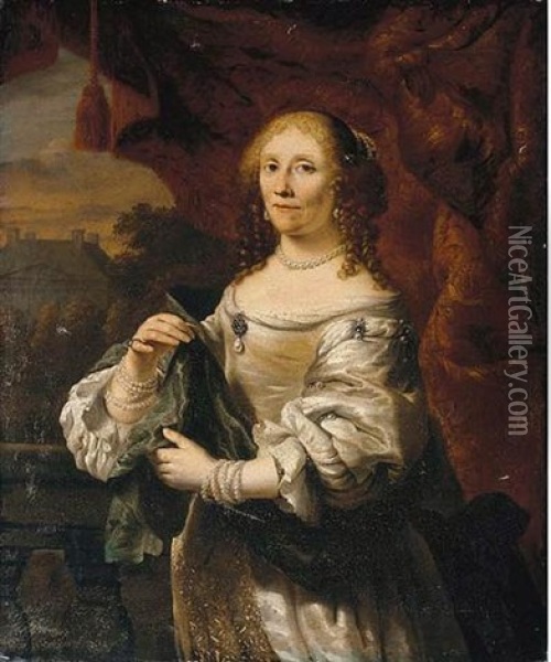 Portrait Of A Lady In A White Satin Dress Oil Painting - Ferdinand Bol