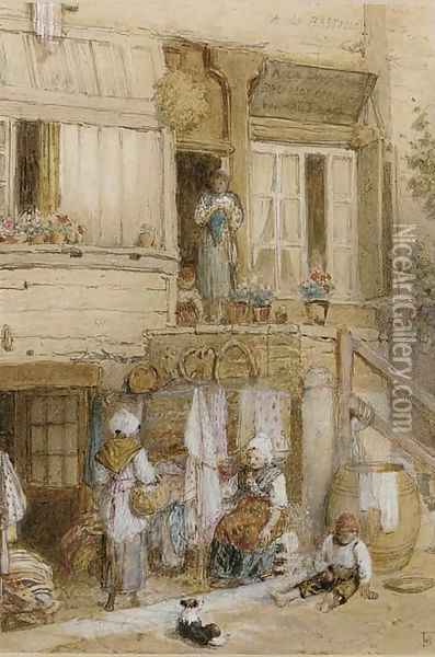 Figures outside a house, France Oil Painting - Myles Birket Foster