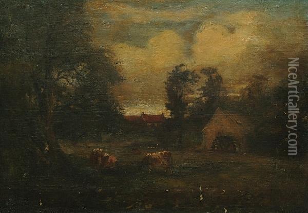 Cows Grazing By A Watermill Oil Painting - Otto Theodore Leyde