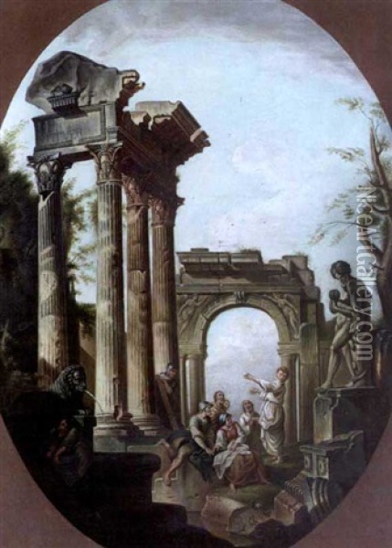 Architectural Capriccio Of Classical Ruins With Figures Oil Painting - Giovanni Paolo Panini