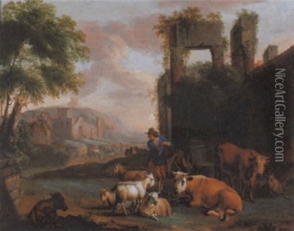 Hirte Mit Kuhen, Ziegen Und Schafen Vor Antiken Ruinen Oil Painting - Johann Heinrich Keller