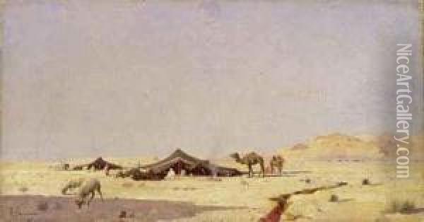 Beduinen In Zelten Mit Kamel Und Schafen Oil Painting - Abraham Hermanjat