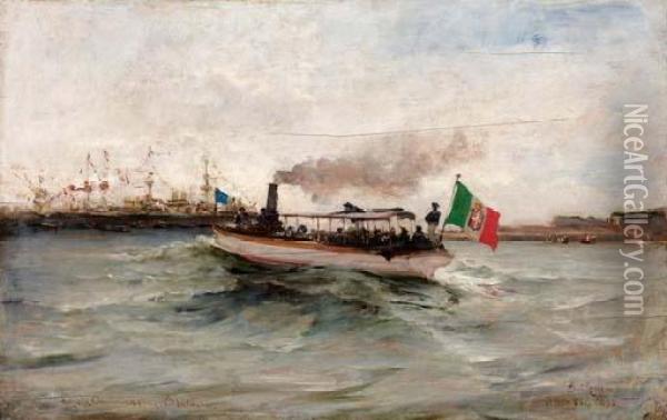Lancia Ammiraglia Italiana Durante Le Feste Colombiane A Genova - 1892 Oil Painting - Pompeo Mariani