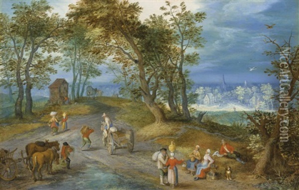 Landscape With Figures On A Road Through A Wood, With A Chapel Beyond Oil Painting - Jan Brueghel the Elder