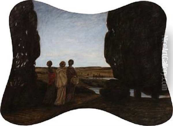 Three Women Looking Out Over A Landscape, Evening Oil Painting - Harald Slott-Moller