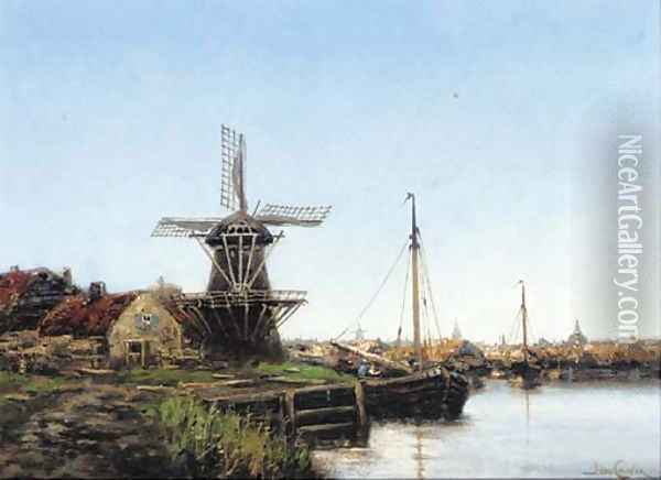 A Barge moored by a windmill before a Dutch town Oil Painting - Jan van Vlaardingen Couver