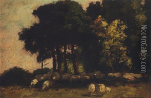Sheep In A Landscape Oil Painting - Alexis Jean Fournier