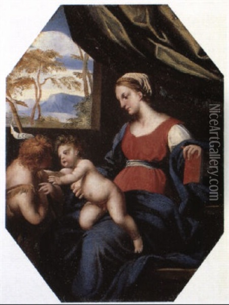 The Holy Family With St. John The Baptist Oil Painting - Simone Cantarini