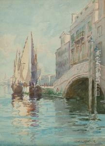 A Canal Bridge In Venice, With Boats Oil Painting - Sidney Laurence