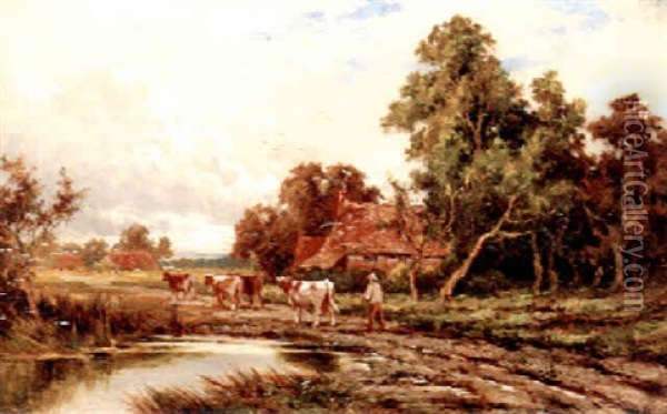 A Drover With Cattle On A Track, Farmham, Kent Oil Painting - Henry H. Parker