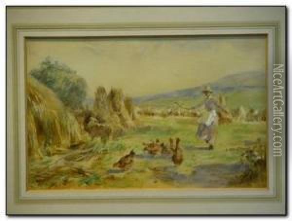 Chickens And Farm Girl In A Harvest Field Oil Painting - John Atkinson