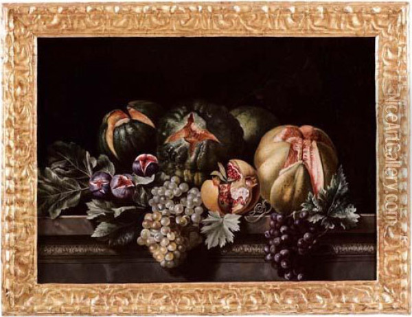 Natura Morta Con Fichi, Uva, Melone, Zucche E Melagrana Oil Painting - Pietro Paolo Bonzi