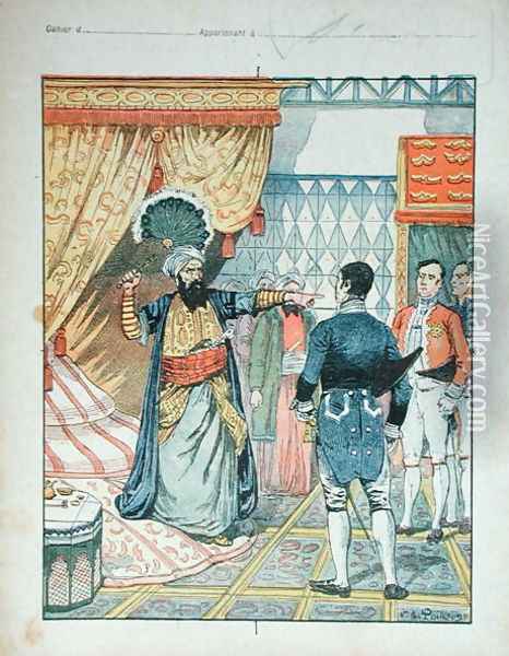 The Dey of Algiers, Hussein ibn El Hussein strikes the French ambassador, M. Deval with a fan, 27th April 1827, cover of a school textbook, 1891 Oil Painting - V.A. Poirson