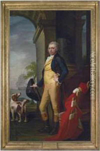 Portrait Of George Hay, 7th Marquess Of Tweeddale (1753-1804), Full-length, In A Blue Coat, A Gold Waistcoat And A White Stock, Holding A Top Hat And A Cane, His Peer's Robes On The Chair Beside Him, With A Hound, A Ship At Sea Beyond Oil Painting - Jean-Laurent Mosnier