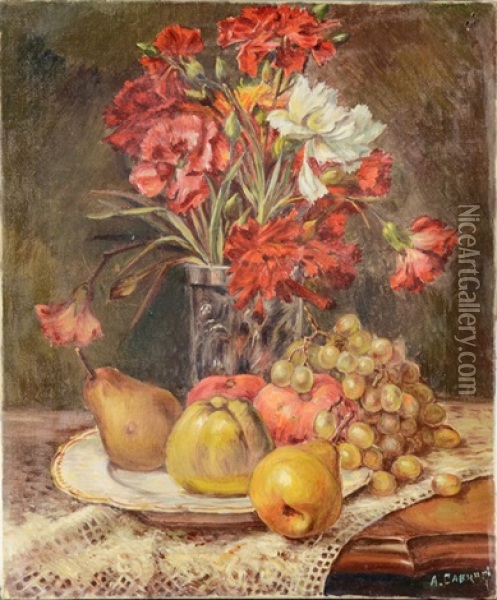 Still Life With Fruits And Flower Vase Oil Painting - Aleksandr Ivanovich Savinov