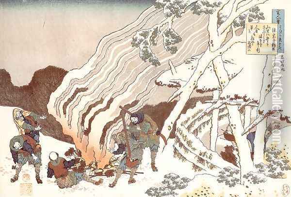 Hunters by a Fire in the Snow (Minamoto no Muneyuki ason) Oil Painting - Katsushika Hokusai