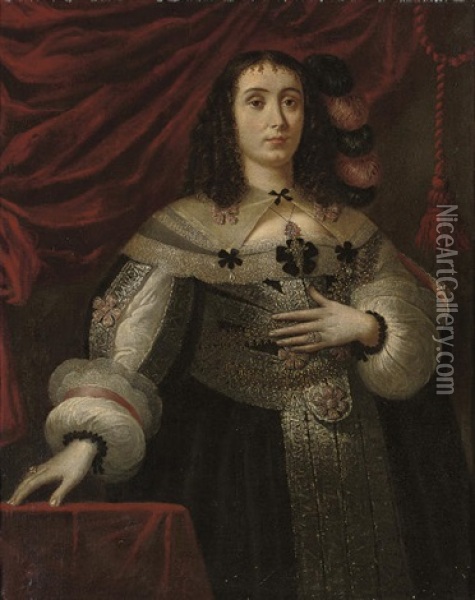 Portrait Of A Lady In A Black Dress With Silver Embroidery, Slashed Sleeves, And Black And Pink Bows Oil Painting - Carlo Ceresa