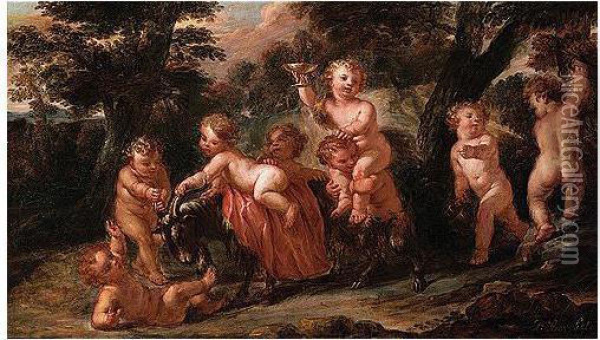 Putti Disporting With A Goat In A Landscape Oil Painting - Pierre Berchet