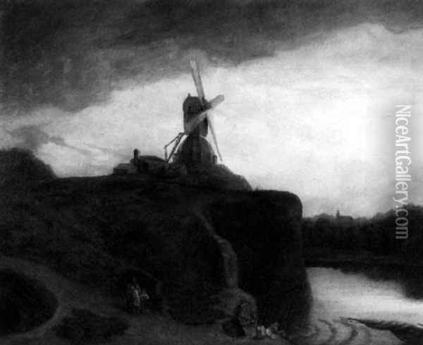 Figures Before A Windmill, Twilight Oil Painting - John Crome the Elder