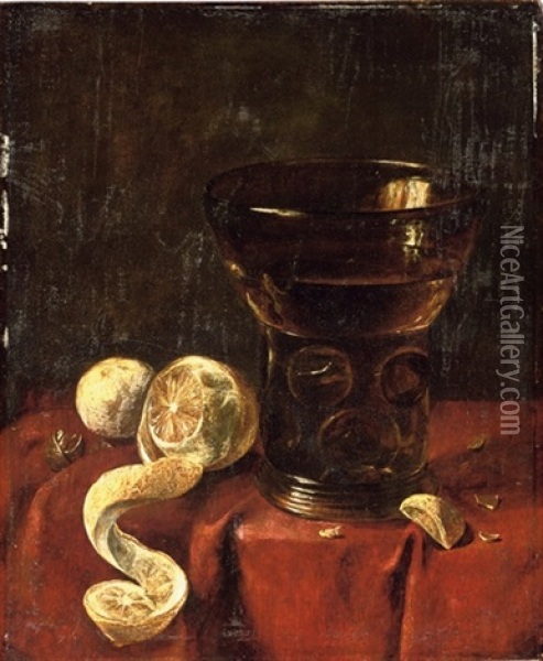 A Roemer, A Partly-pealed Lemon, And A Walnut On A Draped Table Oil Painting - Jan van de Velde III