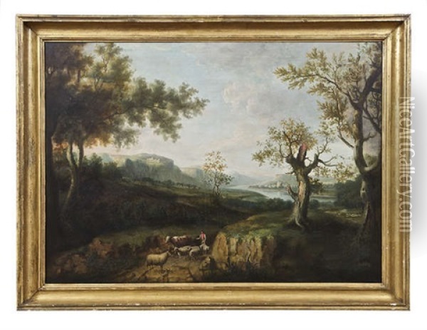 A Pastoral Wooded River Landscape With A Drover And Farm Animals In The Foreground, A Fortified Village In The Distance Oil Painting - Jeremiah Hodges Mulcahy