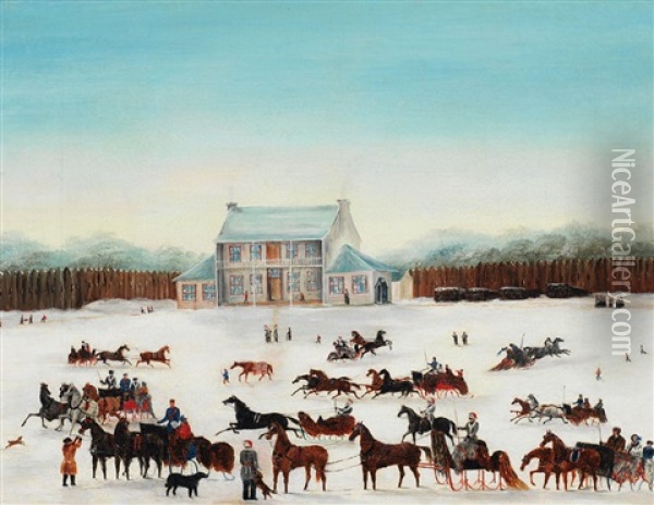 The Officers Of The 83rd Regiment, Upper Canada, Sleighing On Their Parade Grounds Oil Painting - J.T. Downman