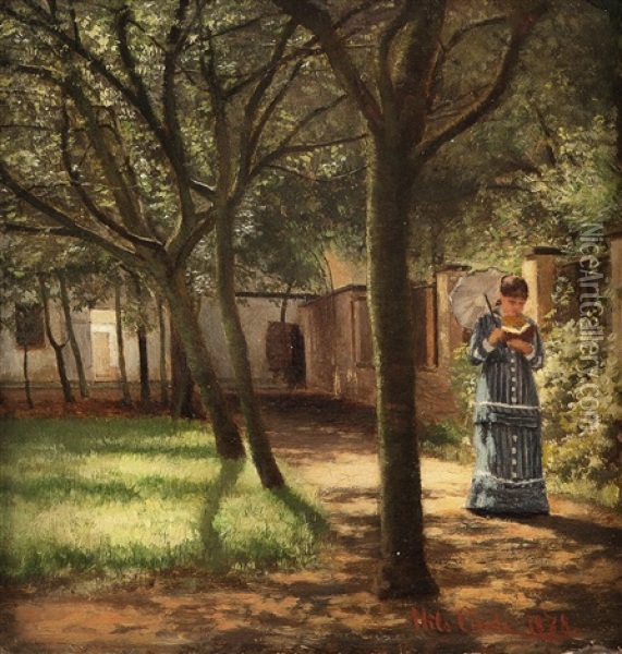 Garden Interior With Strolling Woman Reading Oil Painting - Nils Gude