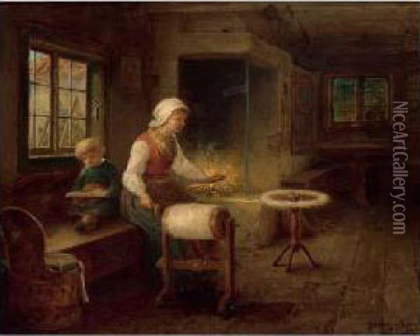 A Woman Near A Spinningwheel Oil Painting - Bengt Nordenberg