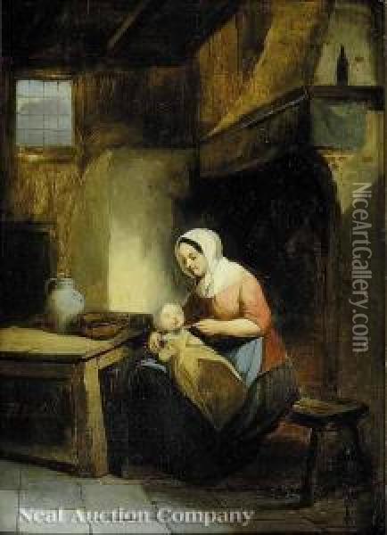 A Mother Feeding Herchild By The Kitchen Fire Oil Painting - Basile De Loose