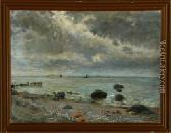 Coastal Scenery With Ships At Dust Oil Painting - Olaf Viggo Peter Langer