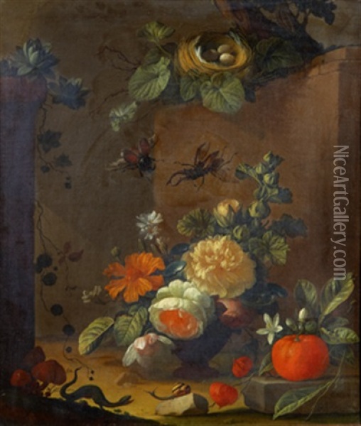 Stilleben Med Blommor, Frukter Och Insekter Oil Painting - Elias van den Broeck