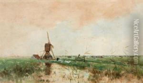 Molen In Polderlandschap Met Op De Voorgrond Een Bleekveldje Oil Painting - Marinus Van Der Maarel