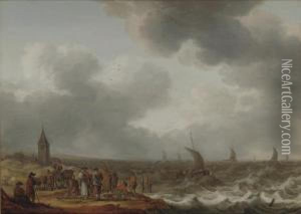 Shipping In Choppy Waters, With Figures On The Shore In The Foreground Oil Painting - Cornelis Stooter