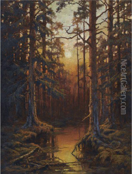 Forest Sunset Oil Painting - Iulii Iul'evich (Julius) Klever