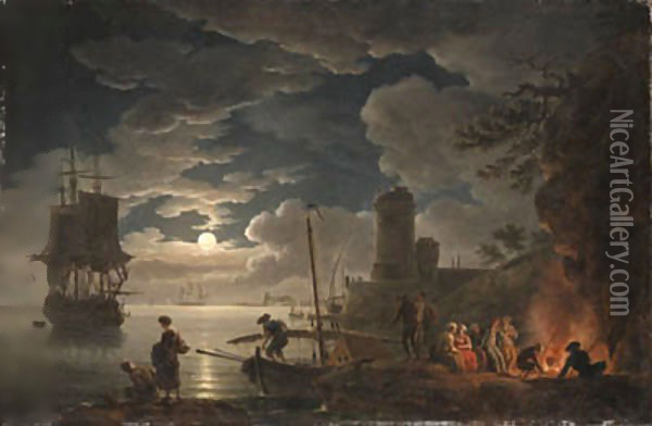 A moonlit harbor scene with a fisherman and figures seated around a fire, shipping beyond Oil Painting - Vernet Claude Joseph