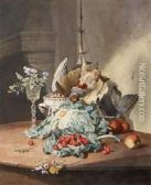 Still Life With Fruits, Salad And Grapes Oil Painting - David Emil Joseph de Noter