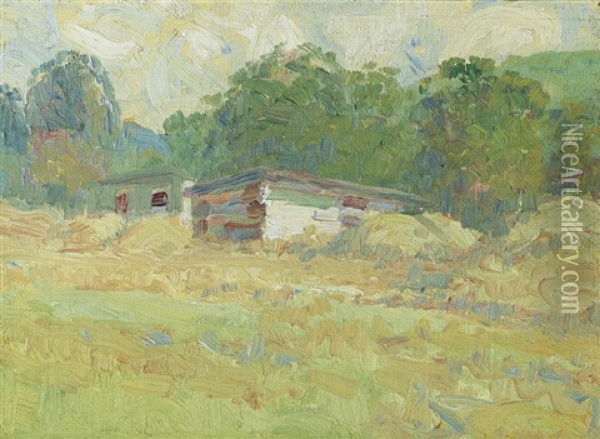 Chartreuse Meadow, Barns At Woods Oil Painting - Selden Connor Gile