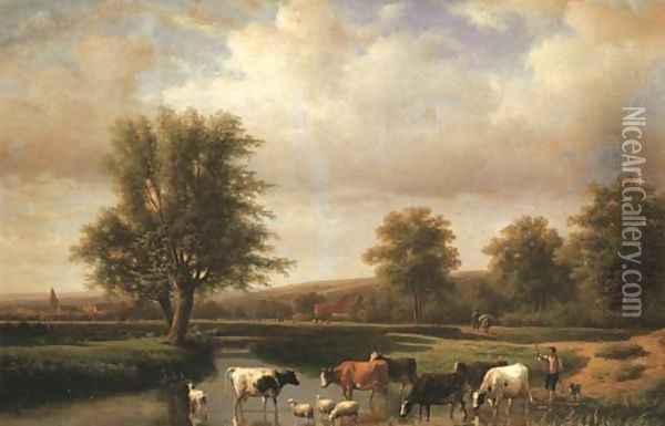 River Landscape with Cattle Oil Painting - Eugene Verboeckhoven