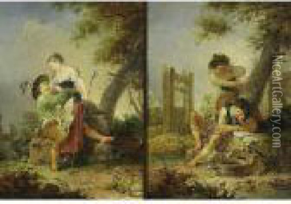 Pastoral Scenes: A Sleeping Boy Caught By A Girl; An Amoureus Couple Oil Painting - Januarius Zick