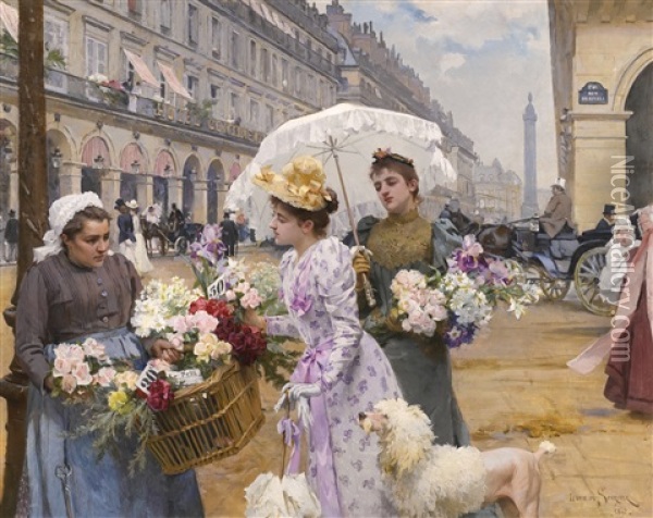 La Marchande De Fleurs - Rue De Rivoli Oil Painting - Louis Marie de Schryver