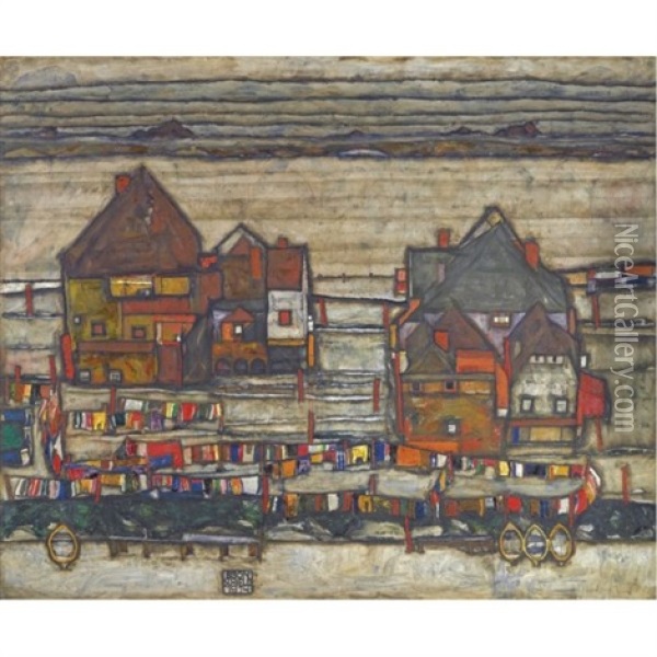 Hauser Mit Bunter Wasche (vorstadt Ii) (houses With Laundry (suburb Ii)) Oil Painting - Egon Schiele