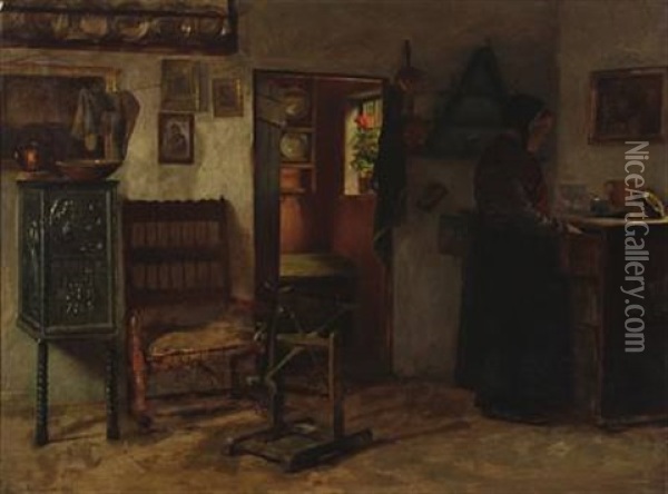 Interior With A Woman Oil Painting - Gustav Vermehren