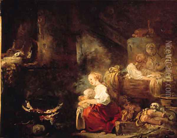 An interior of a barn with a woman and a child by a cauldron, washerwomen nearby Oil Painting - Jean-Honore Fragonard