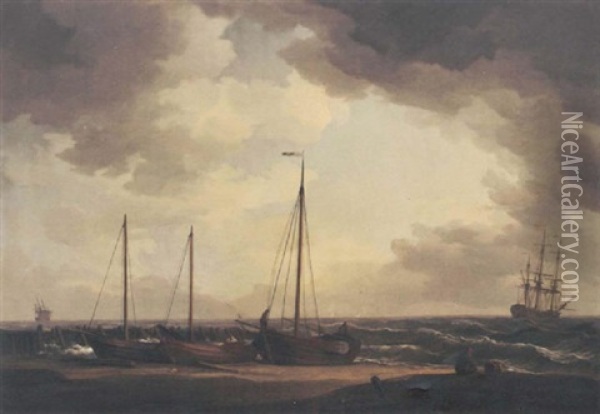 Fishing Boats On The Beach, Pulled Clear Of The Heavy Swell, With A Man-o'war Riding At Anchor Nearby Oil Painting - Charles Brooking