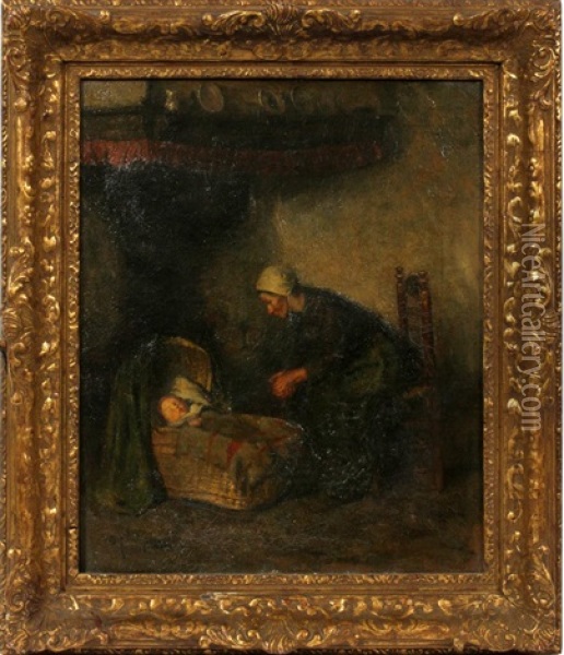 Mother With Child In Basket Crib Oil Painting - Carolus Johannes Thysen