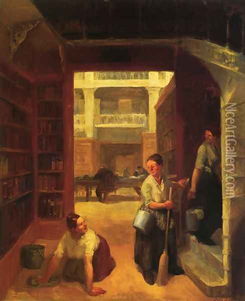 Scrubwoman, Astor Library Oil Painting - John Sloan