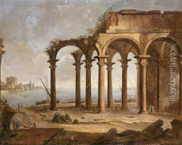 Capriccio Of Ruins By A Port With Figures And Boats, The Castel Sant'angelo And City Walls Beyond Oil Painting - G. G. Moretti